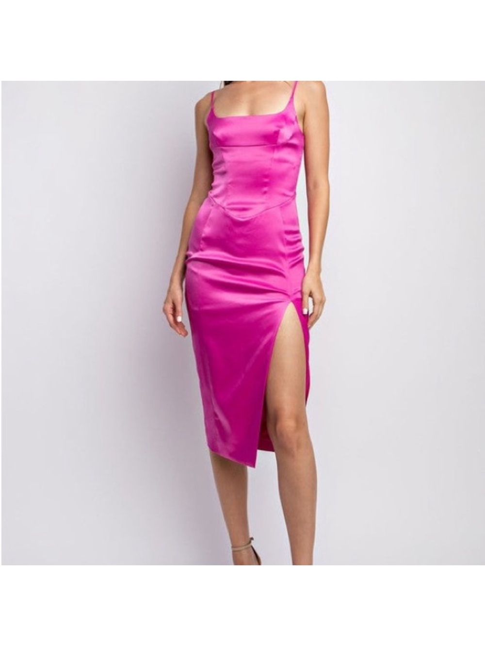 Hot Pink Satin Slip Midi Dress with Side Thigh Slit